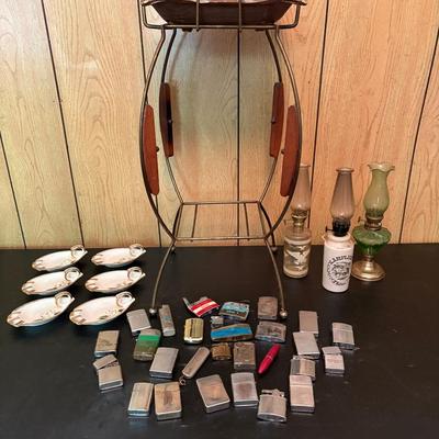 Vintage Ash Tray Stand, Ash Trays, Oil Lamps & Lot Of Vintage Lighters