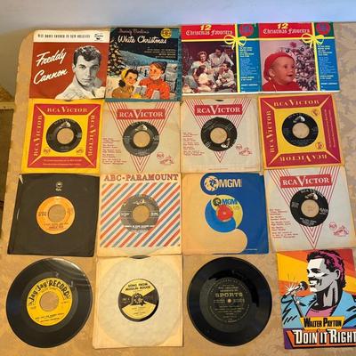 (14) Vintage 45 RPM Vinyl Lot + (1) Walter Payton & (1) 7” Greatest Moments In Sports 33 RPM