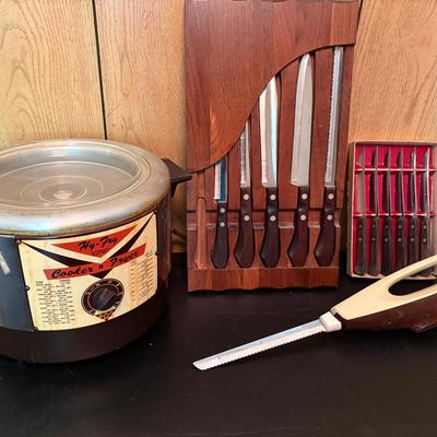 Vintage Cooker Fryer, Electric Knife & (2) Knife Sets