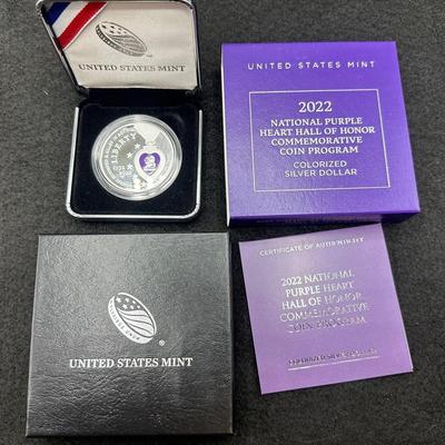 One 2022 Purple Heart Colorized Silver Dollar