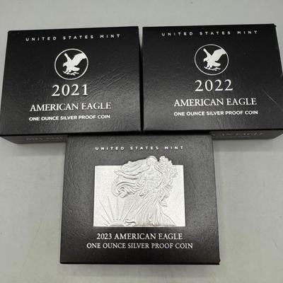American Eagle Silver Proof Coins 2021, 2022,2023