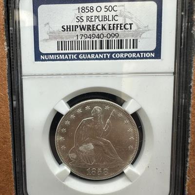1858-O Fifty Cent Piece…Shipwreck Coin…NGC