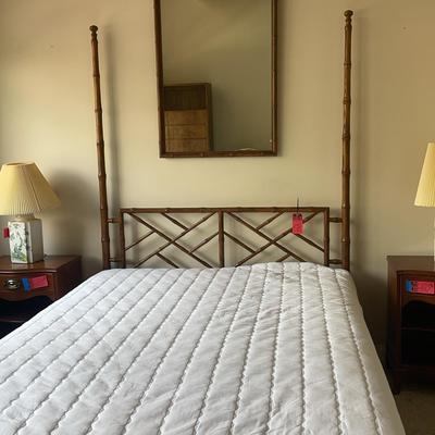 Vintage Chinese Chippendale Rattan Bamboo Canopy Queen Bed And Mirror