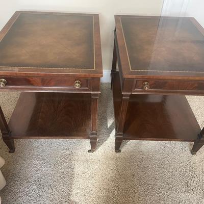 Pair Of Mid Century Heritage Henredon Leather Top Side Tables with Wheels