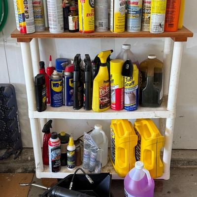 Shelf With Contents; Oil, Oil Pans, Grease Guns, And More!