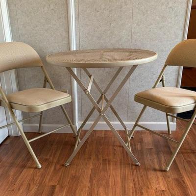 Folding Metal Table W/ Two Folding Chairs (cream color) 
