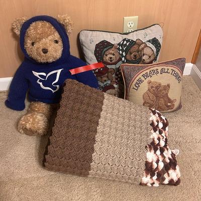Vintage Gund Millennium Teddy Bear Plus 2 Bear Pillows & Brown Afghan