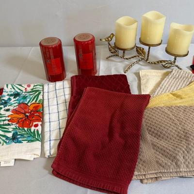 Kitchen Towels, Scented Candles, Three Battery Operated Candles And Stand