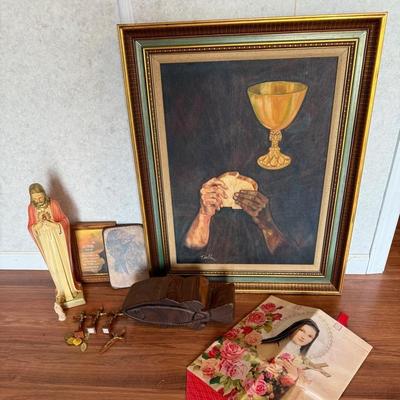 Spiritual Lot Of Large Painting By T. Miller, 30 1/2” X 24 1/2”, Fish Jewelry Box And More