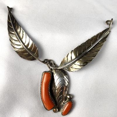 Navajo Silver & Coral Leaf/Feather Pendant