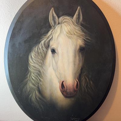 Oval Horse Oil Painting On Wood Signed 2005