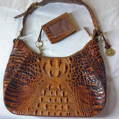 Brahmin Vintage Toasted Almond Melbourne Snakeskin Shoulder Bag Purse + ID/Card Case Crocodile
