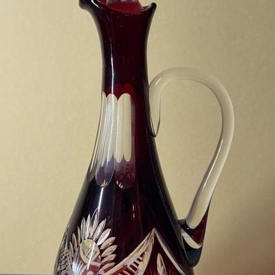 BOHEMIAN CZECH RUBY RED CRANBERRY CUT TO CLEAR GLASS LIQUOR WINE DECANTER heale9144 (81) 100% positi