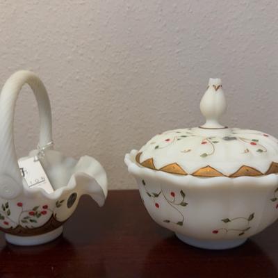 Fenton Lot Of 2 - Covered Candy Dish &  Ruffled Edge Basket Hand Painted Signed 