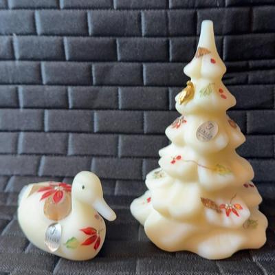 Fenton Hand Painted Figurines Duck & Christmas Tree Poinsettia 