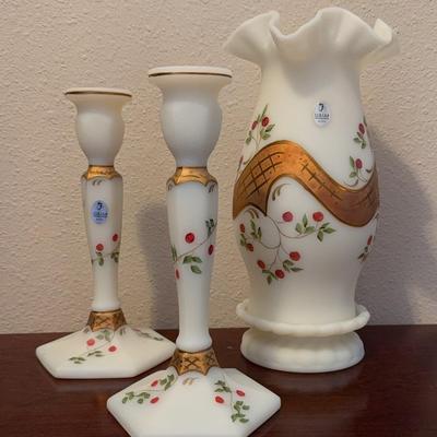 Fenton Lot Of 3 Candlestick Holders & Hurricane Signed Hand Painted 