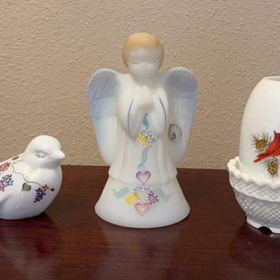 Lot Of 3 Fenton Figurines Bird Angel & Votive Holder 