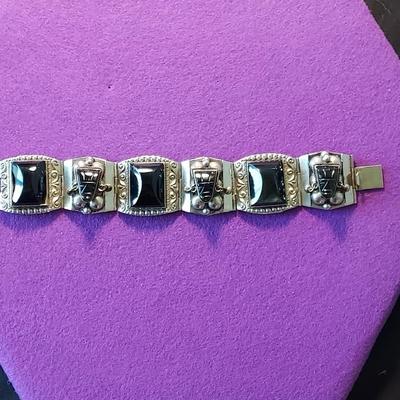 Taxco 925 Black Onyx Sterling Bracelet Mexico 1950s