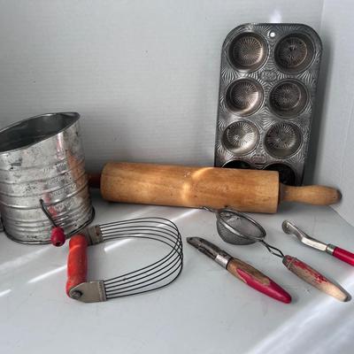 Vintage Baking Utensils Red Wood Handles Sifter Pastry Cutter Apple Corer & more