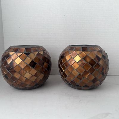 2 Home Interiors Mosaic Brown Glass Candle Holders 