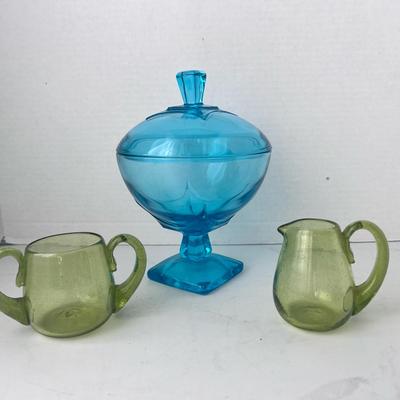 Hazel Atlas Colony Square Pedestal Candy Dish, Jamestown Factory Blown Glass Cream Sugar Set 