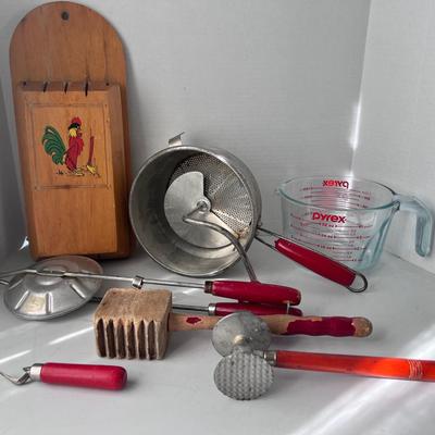 MCM Kitchen Utensils Pyrex 1 Qt Glass Cup Potato Ricer Campfire Iron & more