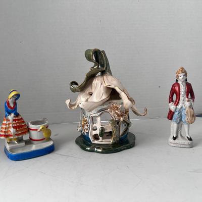 Blue Sky Ceramic Birdhouse Tealight, 2 Porcelain Victorian Figures Japan