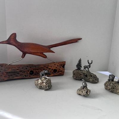 Carved Wood Roderunner on Base, Pyrite Gold Stone Pieces w/ Pewter Figures (4)