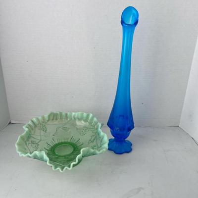 Valencia Colonial Blue Glass Vase, Jefferson Green Glass Opalescent Ruffle Bowl 