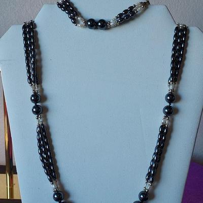 Hematite Fresh Water Pearl Necklace Bracelet Earrings Set