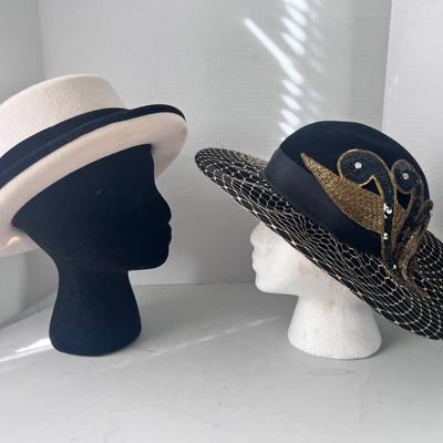 Commodore Cream Wool Hat, Black Hat w/ Gold Lace & Sequins, Hat Box 