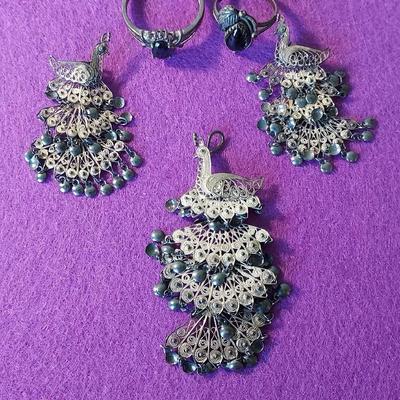 Peacock Filigree Brooch, Earrings & Pendant, Black Onyx Ring 925 Sz 8