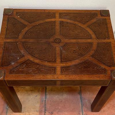 Inlaid Wood End Table With Geometric Design
