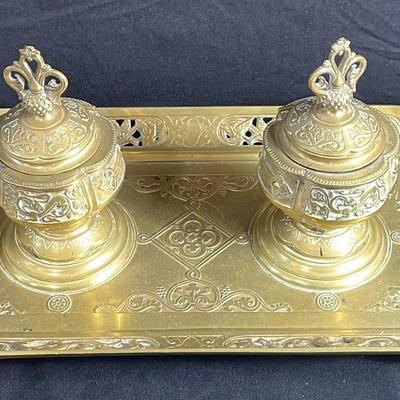 Antique Brass Double Inkwell Desk Set
