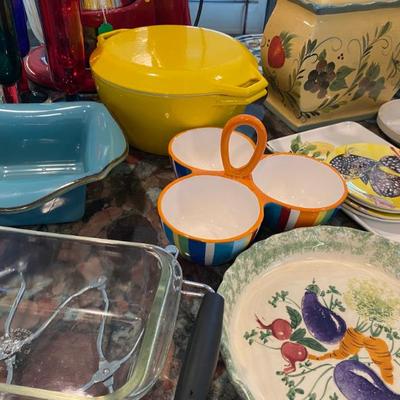 serving bowls, pie plate from Italy, Copco denmark Enamelware Dutch Oven