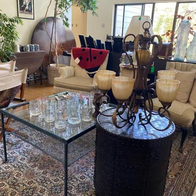 Living Area, Chairs, Light Fixture, Round Barrel studded occasional Table