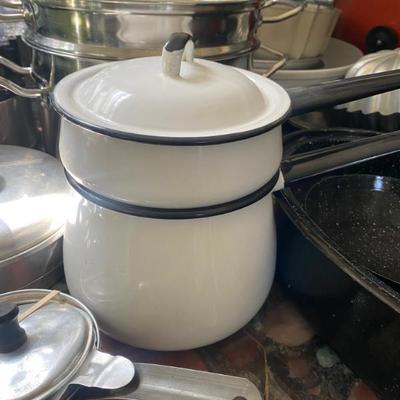 white enamelware double boiler