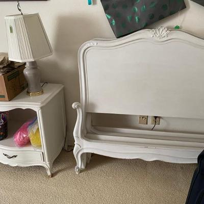 antique pair of twin beds painted white with matching end table