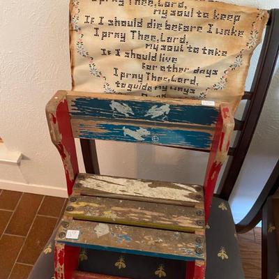 1950s childs stepstool and childs embroidery prayer cloth