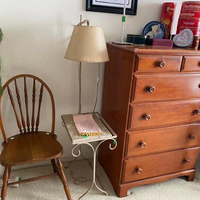 occasional chair table, lamp and dresser