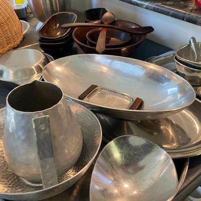 Large assortment of Pewter, Nambe and Pottery Barn and Buenilum pewter pitcher