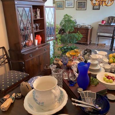 Antique Mahogany Dining Room China Cabinet filled with awesome treasures