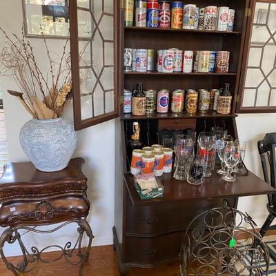 Mahogany Secretary filled with Beer can collection which includes 6 pack of Billy Beer