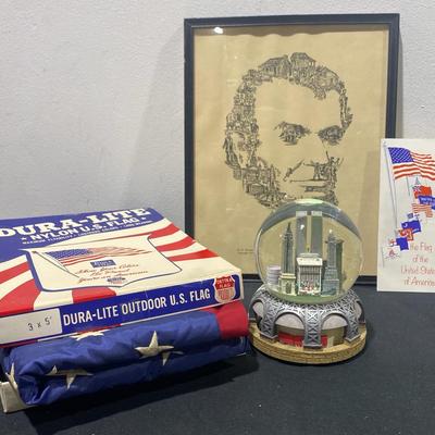 Vintage American Flag 3x5, Abraham Lincoln Framed Art, & Twin Towers Snow Globe Music Box