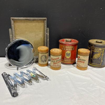 Old Tobacco Tins, Edison Records Cylanders, Frame + Wall Mirror