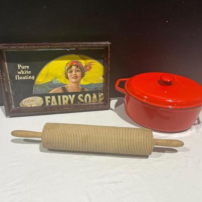 Vintage Fairy Soap Tray, Nordic Lefse Grooved Rolling Pin, Cast Iron Dutch Oven
