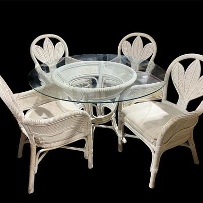 Vintage Rattan Cane Chairs & Table Set With Glass Top