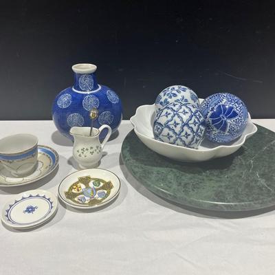 Blue & White Collection, Ireland, England Japan Pieces + Green Marble Turntable