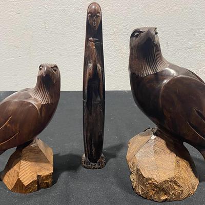 Wooden Eagle Sculptures By J.R. Brioon & Wooden Sculpture Of Woman
