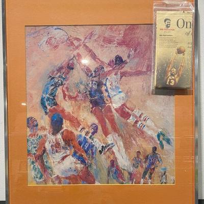 LeRoy Neiman Framed Art Print Of “Basketball Superstars” & Vintage Basketball Newspaper Clippings